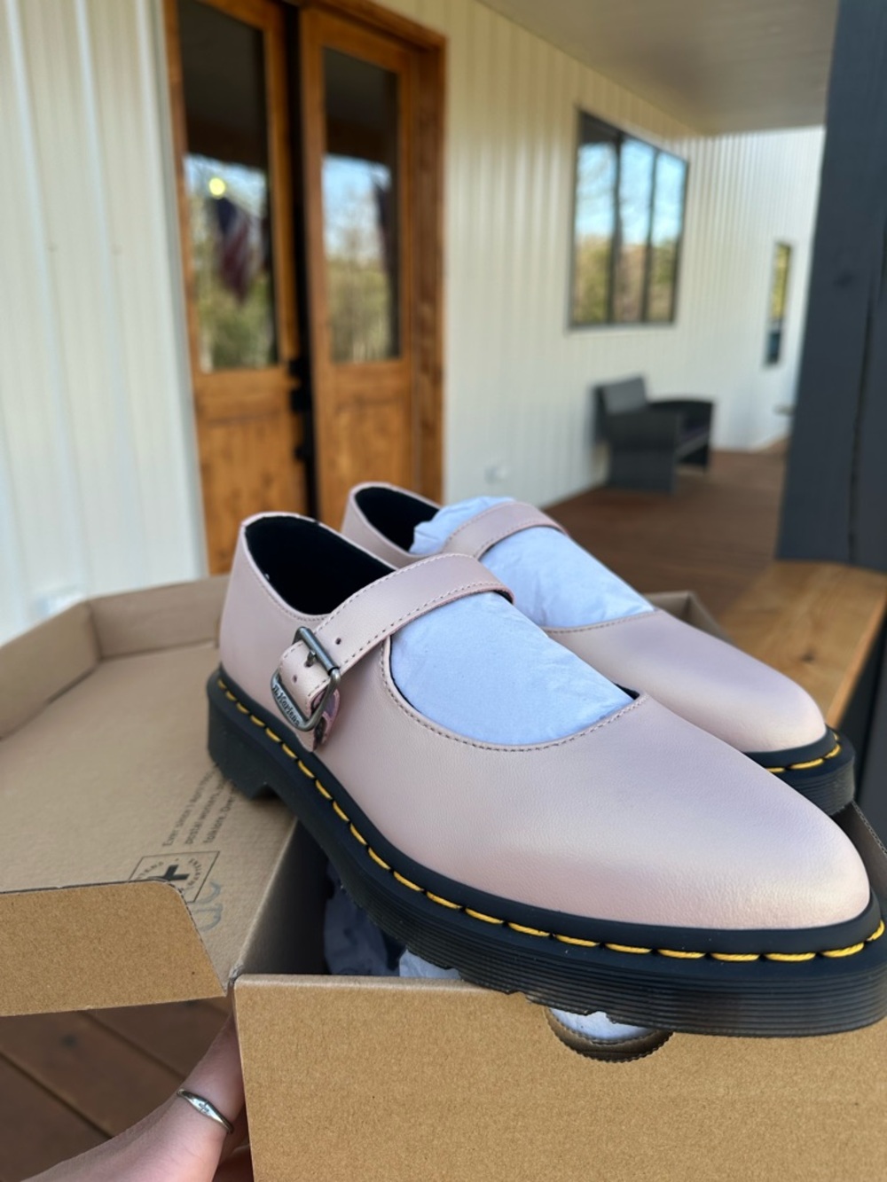 Dr. Martens Pale Pink Mary Jane Flats with Yellow Stitching - Picture 5 of 8
